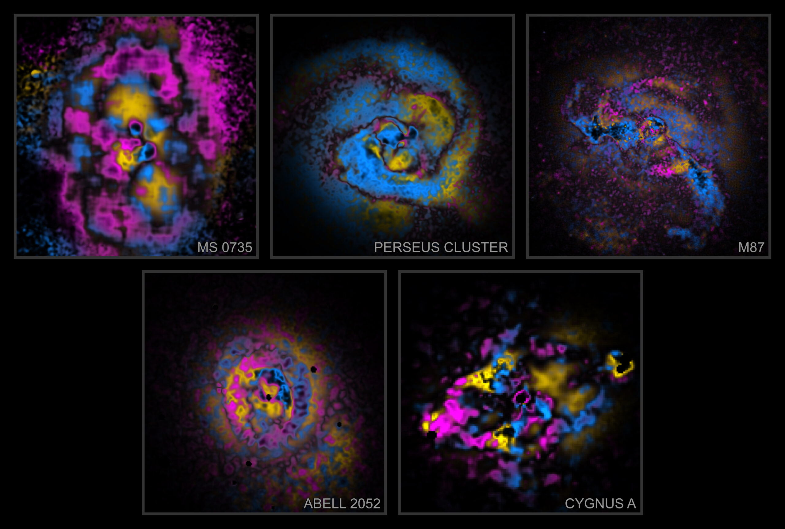 A new image-processing technique called “X-arithmetic” is allowing astronomers to analyze Chandra’s X-ray data and identify features in the gas of galaxy clusters and groups like never before. By comparing the outcome from the X-arithmetic technique to computer simulations, researchers can classify some of the largest structures in the universe by their nature rather than just their appearance. The researchers applied this technique to 15 galaxy clusters and groups, and this collection shows the central regions of five galaxy clusters in the sample: Abell 2052, Cygnus A, MS 0735+7421, the Perseus Cluster, and M87 in the Virgo Cluster.